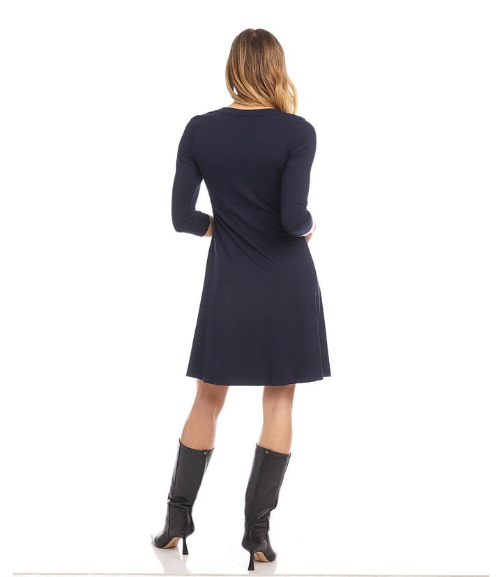 Petite size navy three quarter sleeve A-line dress with scoop neckline and knee-length hem