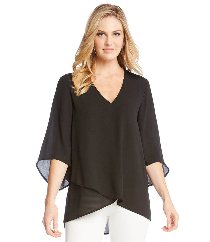 Petite size black bracelet sleeve asymmetric top with V-neck and layered hem