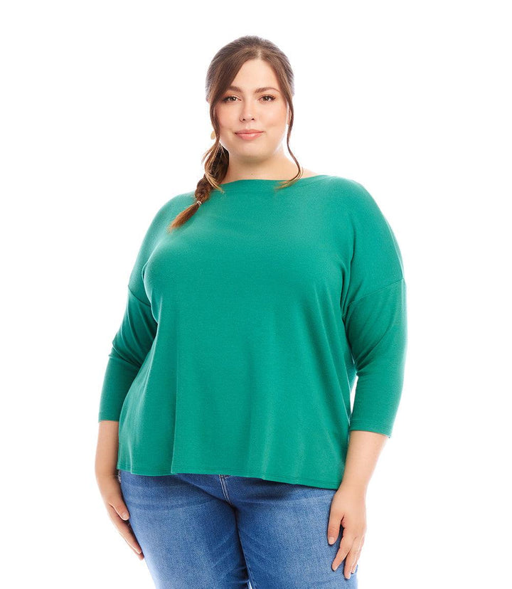 Plus size 3/4 sleeve boatneck green top made from hemp and organic cotton blend