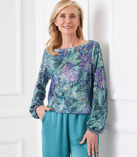 Sequin boatneck top with floral print and bishop sleeves made from Italian fabric