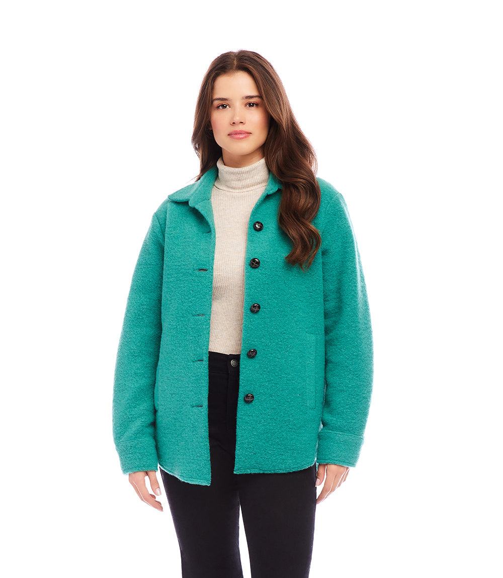 Petite size teal brushed wool blend shirt jacket with button front and collared neck on female model
