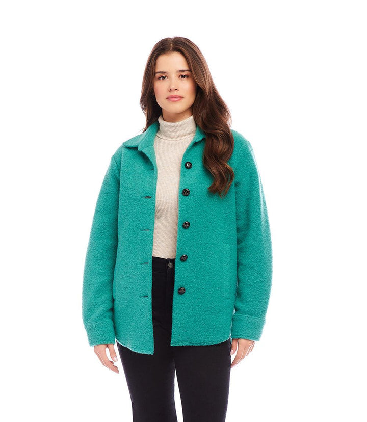 Petite size teal brushed wool blend shirt jacket with button front and collared neck on female model