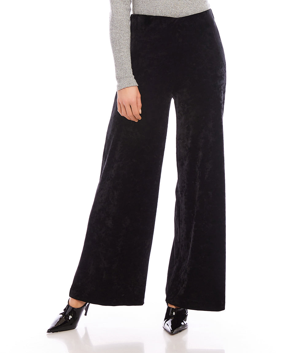 Black crushed velvet pants with wide-leg and elastic waistband for women