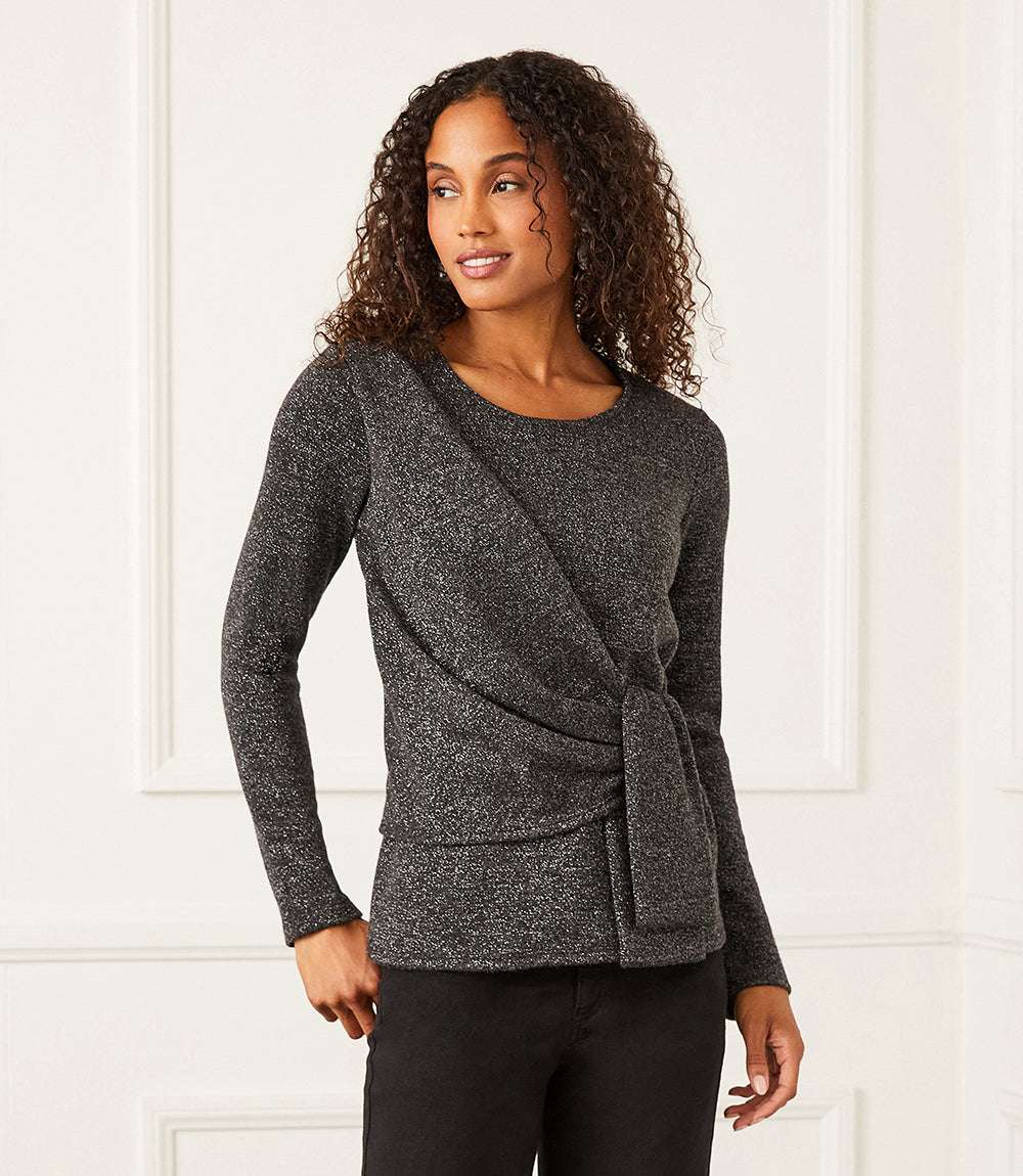 Petite size side tie metallic knit top with crew neck and shimmer finish