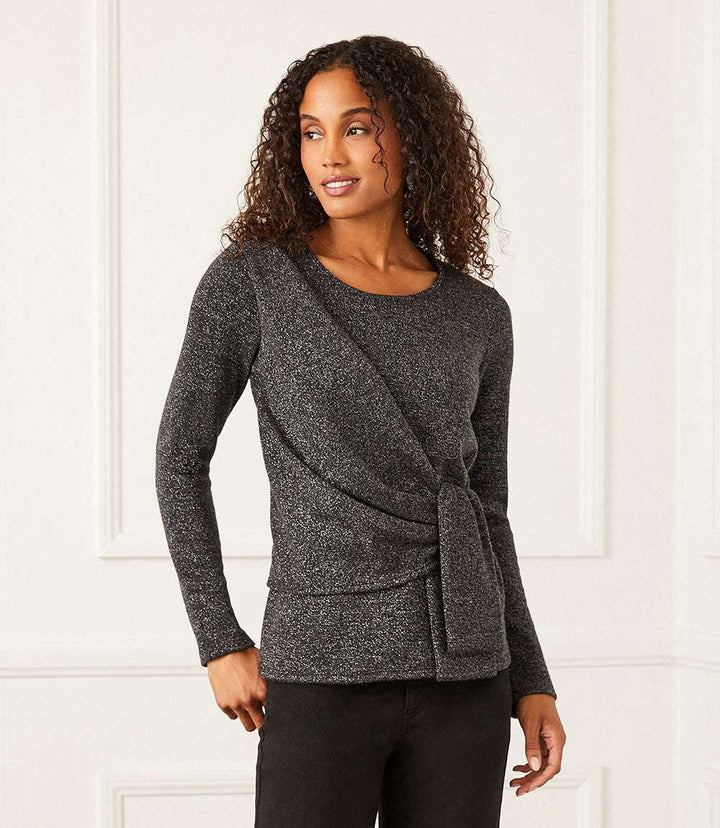 Petite size side tie metallic knit top with crew neck and shimmer finish