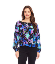 Petite Size Boatneck Drape Top with botanical garden crepe print and bishop sleeves