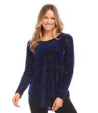 Velvet Burnout Shirttail Top with wallpaper velvet burnout knit and boat neck design