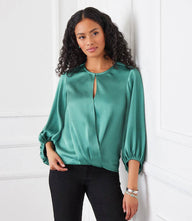 Eco-friendly Keyhole Crossover Top in recycled satin with pleated hem and wide bishop sleeves