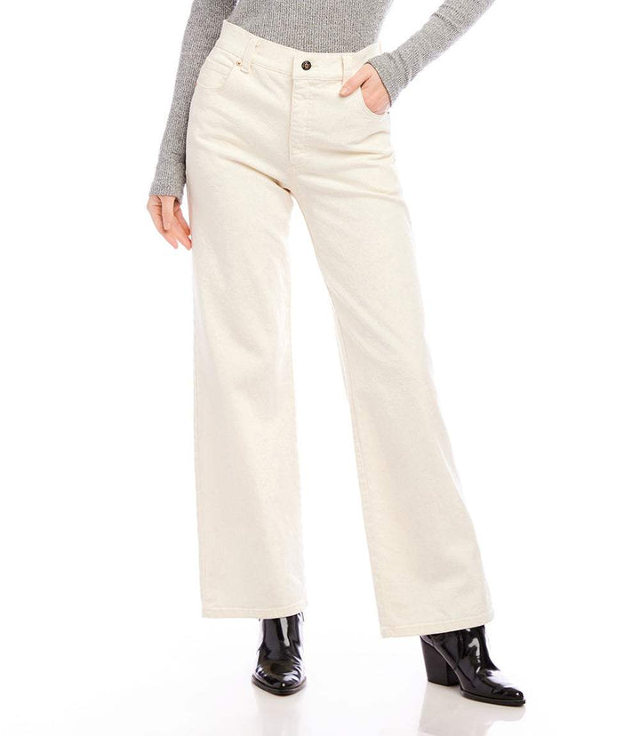 Cream wide leg jeans made from Spanish twill with high rise and button zipper closure