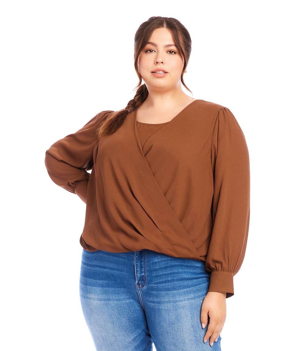 Plus size drape front top in brown silky crepe with crossover V-neck and button cuff sleeves