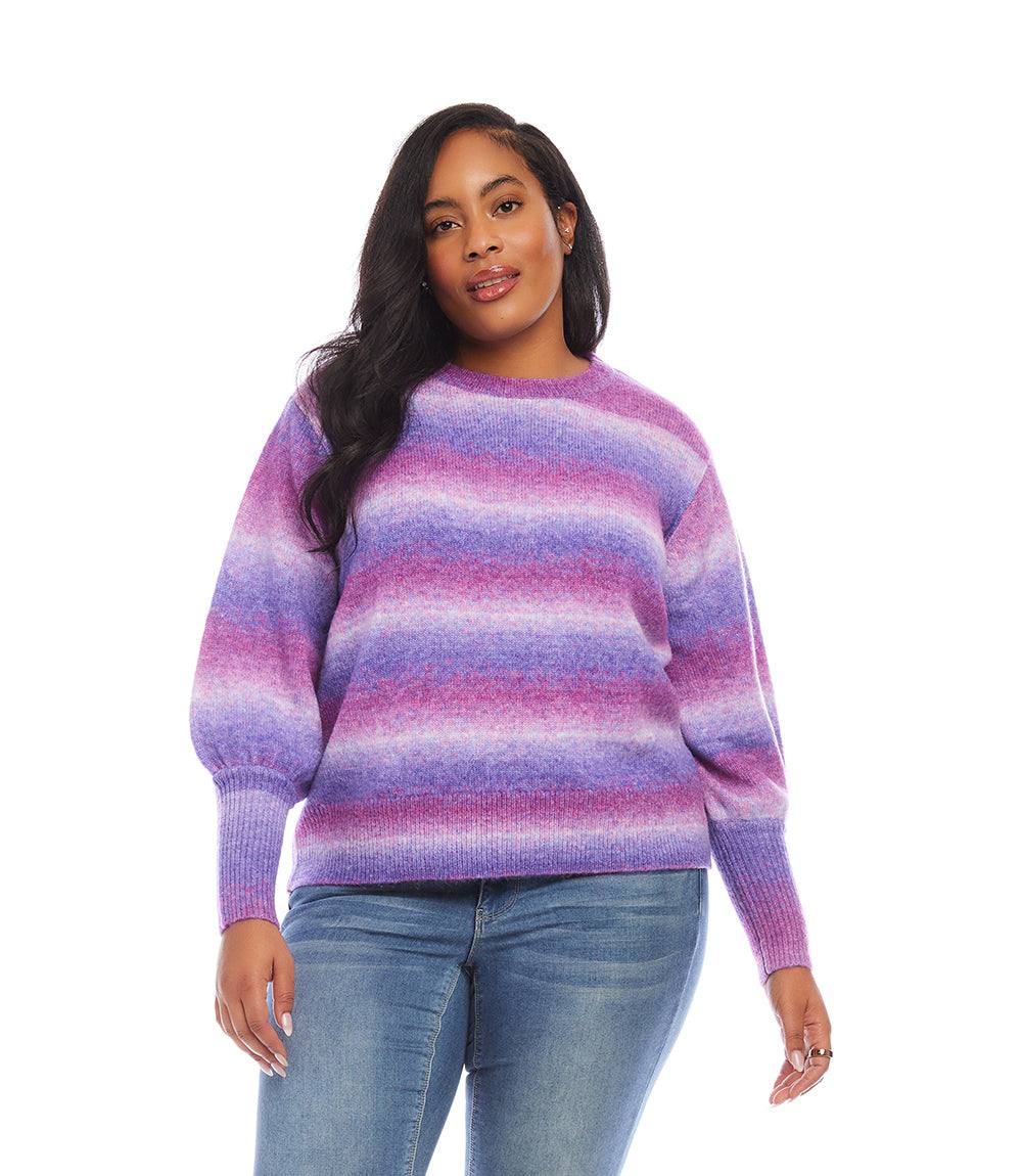 Plus size blouson sleeve sweater with colorful lavender stripe pattern, ribbed cuffs, and crew neck.