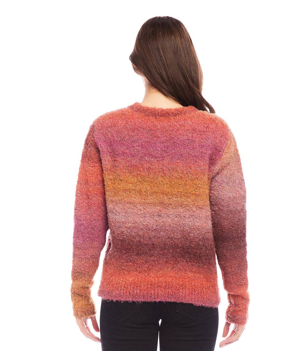 Back view of Ombre Boucle Sweater with soft, textured ombre color knit in warm shades and loose, roomy fit