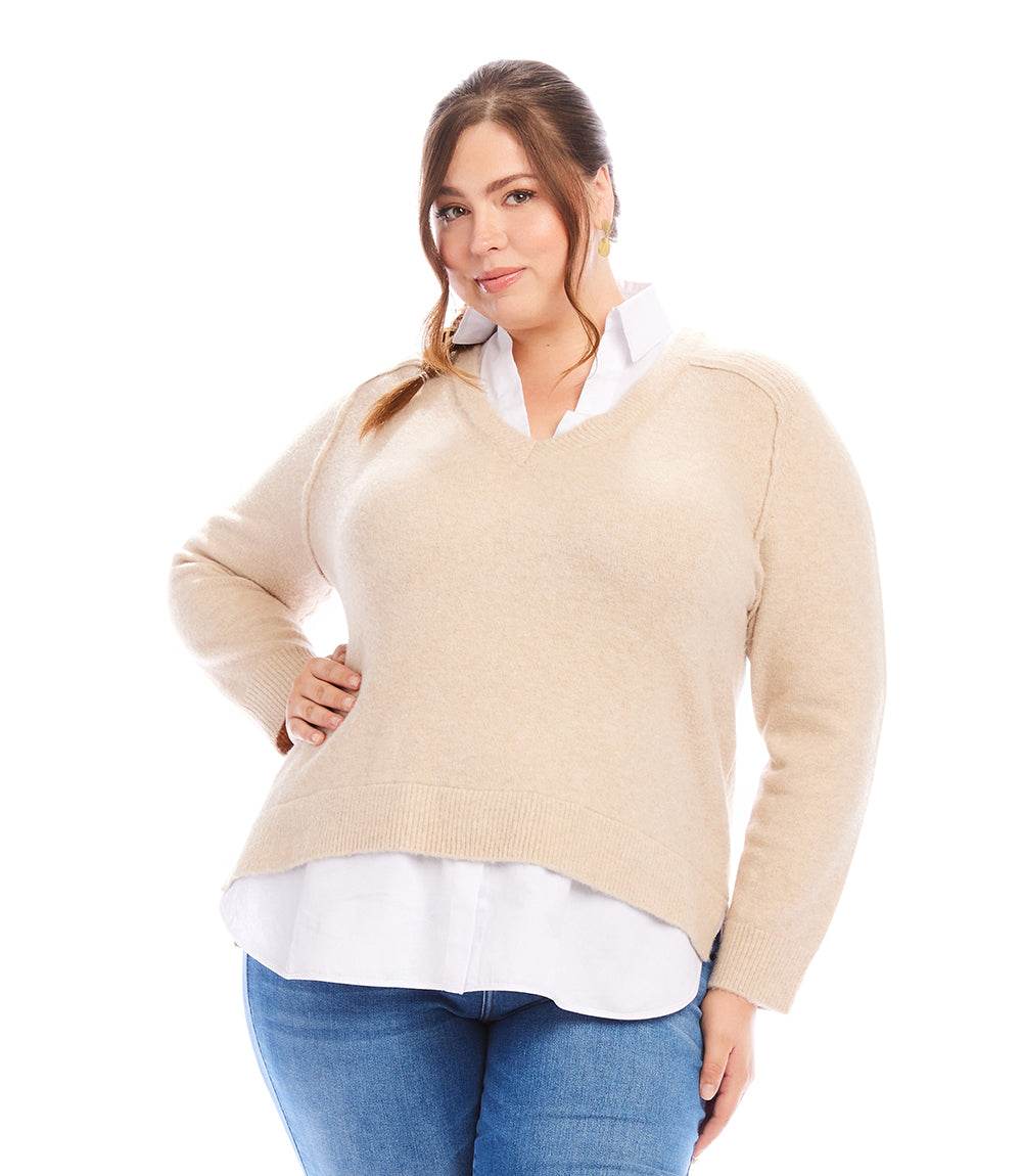 Plus size layered sweater with contrast white shirt hem and collar, relaxed fit beige knit style