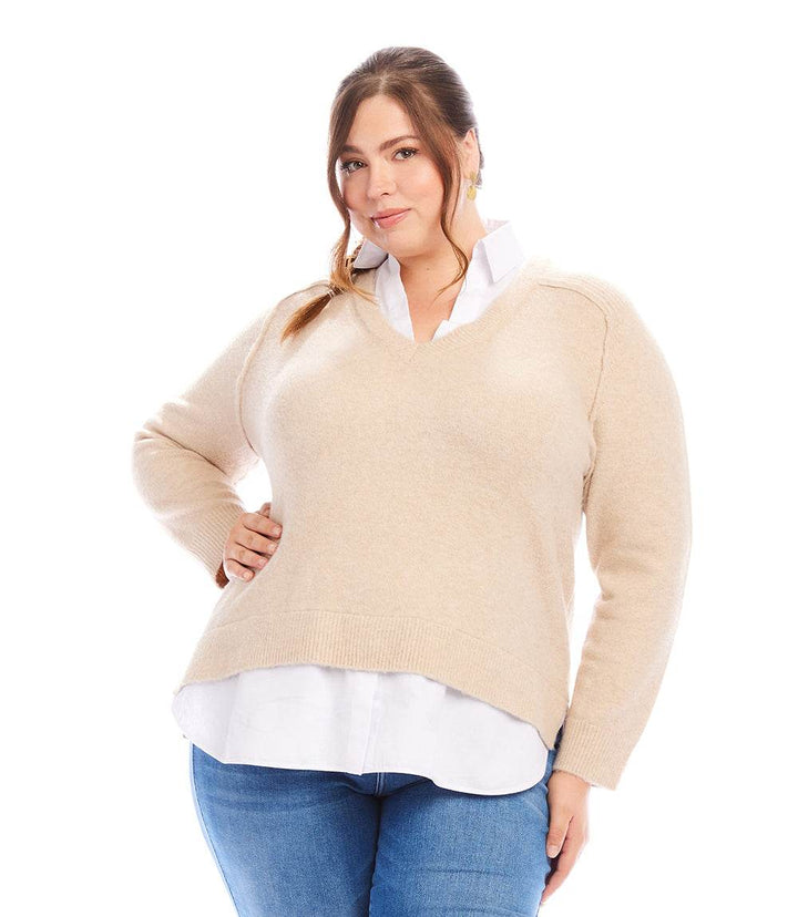 Plus size layered sweater with contrast white shirt hem and collar, relaxed fit beige knit style