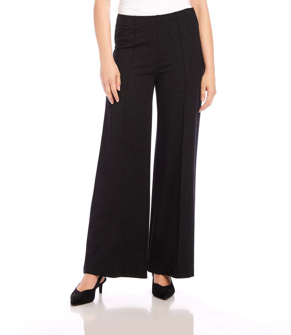 Petite Size Luna wide leg black pants with elastic waist and pin tuck detail