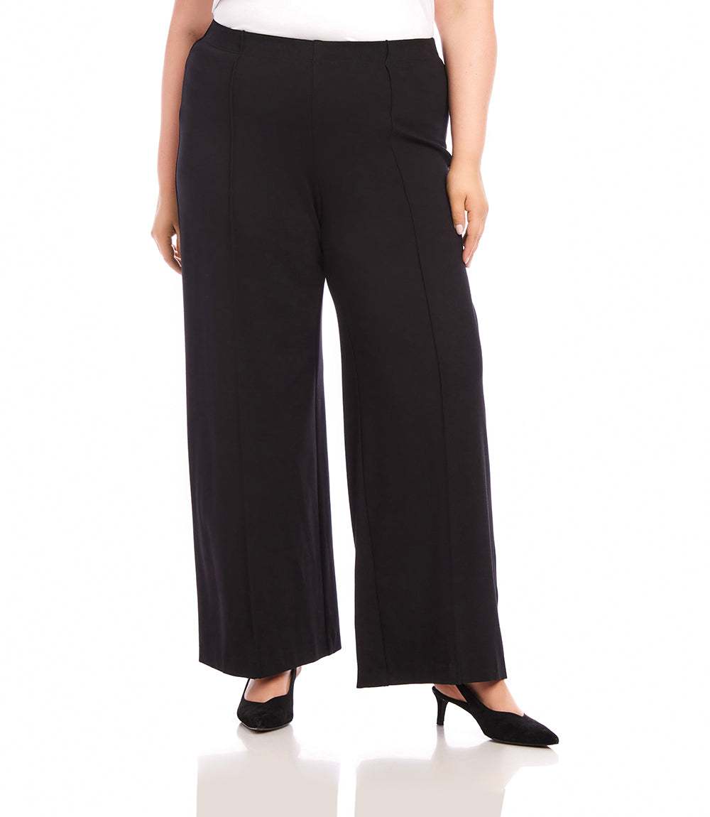 Plus Size Luna wide leg pants in black with pintuck detail and elasticized waist, made from stretch Ponte fabric.
