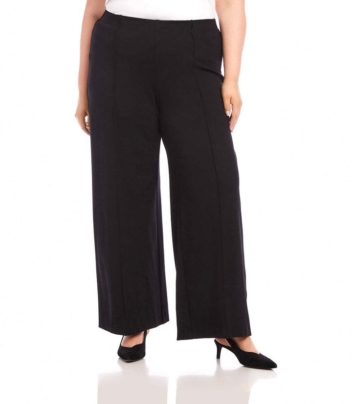 Plus Size Luna wide leg pants in black with pintuck detail and elasticized waist, made from stretch Ponte fabric.