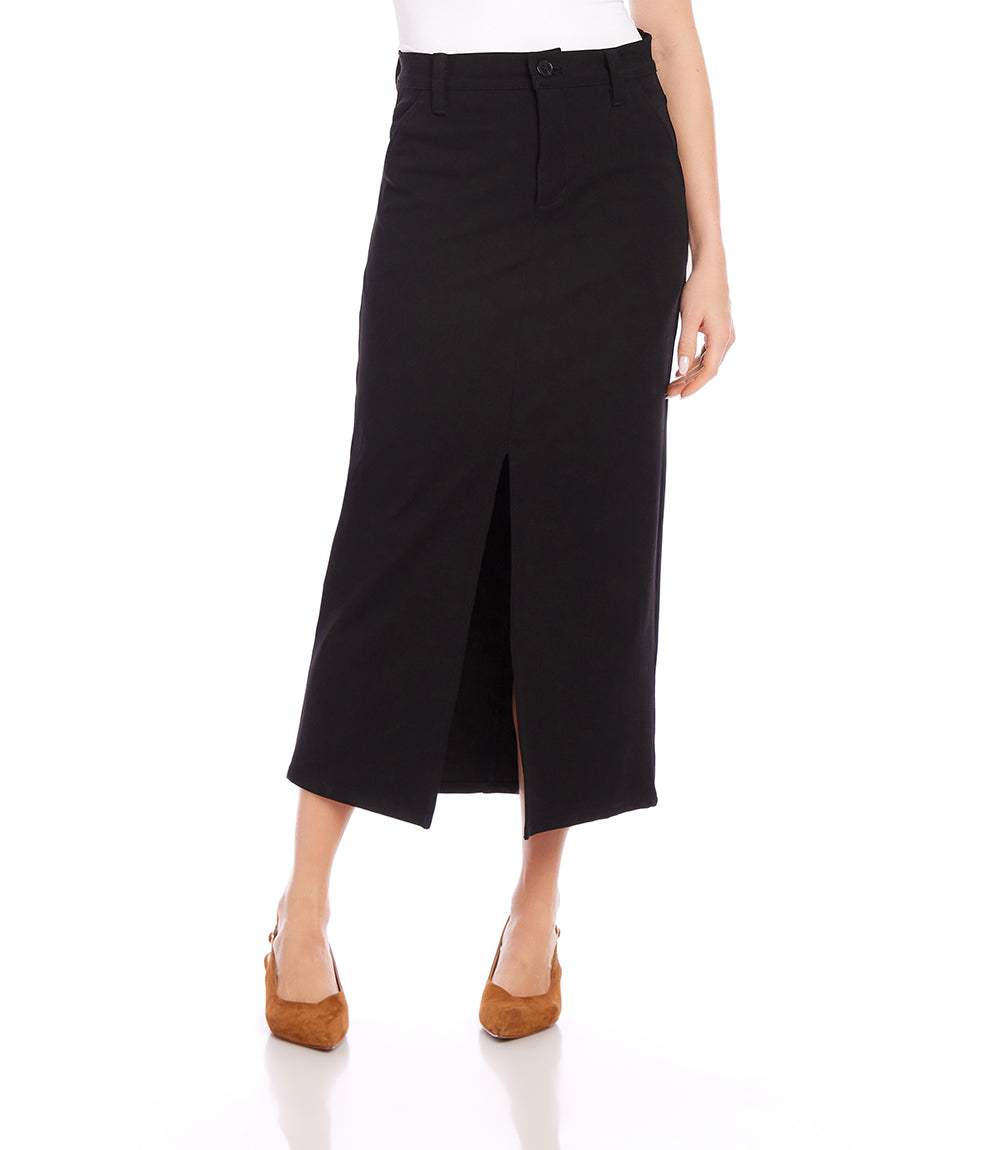 Black Chelsea Midi Skirt with front slit, belt loops, side pockets, and zipper closure made from stretch twill fabric