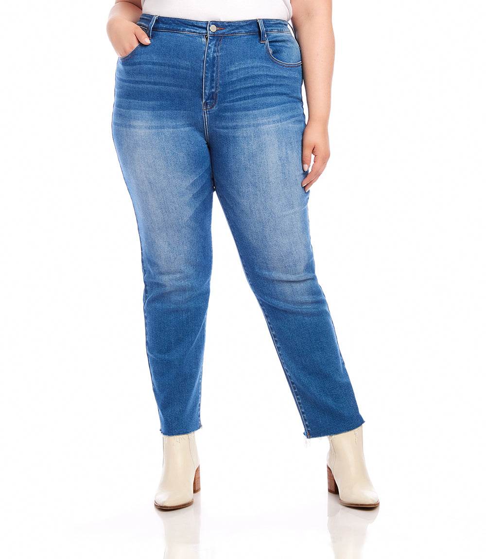 Plus size raw hem straight leg jeans in stretch denim with high rise and five pockets