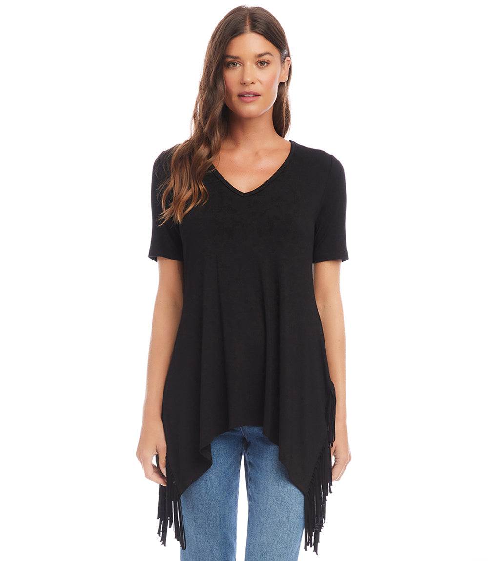 Petite size short sleeve black v-neck top with shark bite fringe hem and hi-lo design