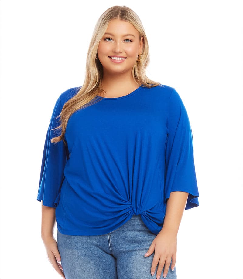 Sapphire Blue Plus Size Flare Sleeve Pick Up Top | Karen Kane