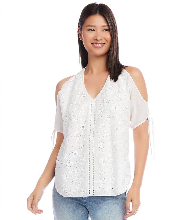 Petite Size Embroidered Cold Shoulder Top
