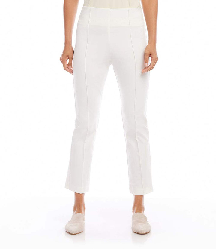 White cropped pintuck pants with elastic waistband and wide leg silhouette.