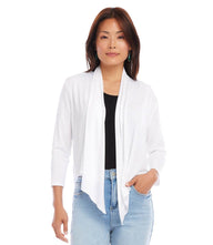 Petite Size Calli Cardigan white draped front with 3/4 sleeves and hi-low hem on model wearing jeans and black top