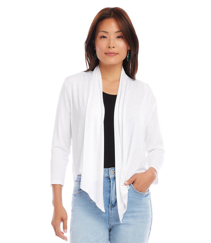 Petite Size Calli Cardigan white draped front with 3/4 sleeves and hi-low hem on model wearing jeans and black top