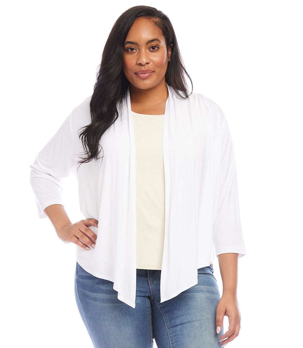Plus Size Calli Cardigan white draped front with 3/4 sleeves and hi-low hemline on model