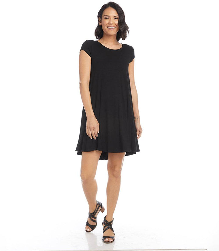 Petite size Maggie trapeze dress in black with scoop neck, cap sleeves, and high-low hem made from soft stretchy rayon spandex jersey