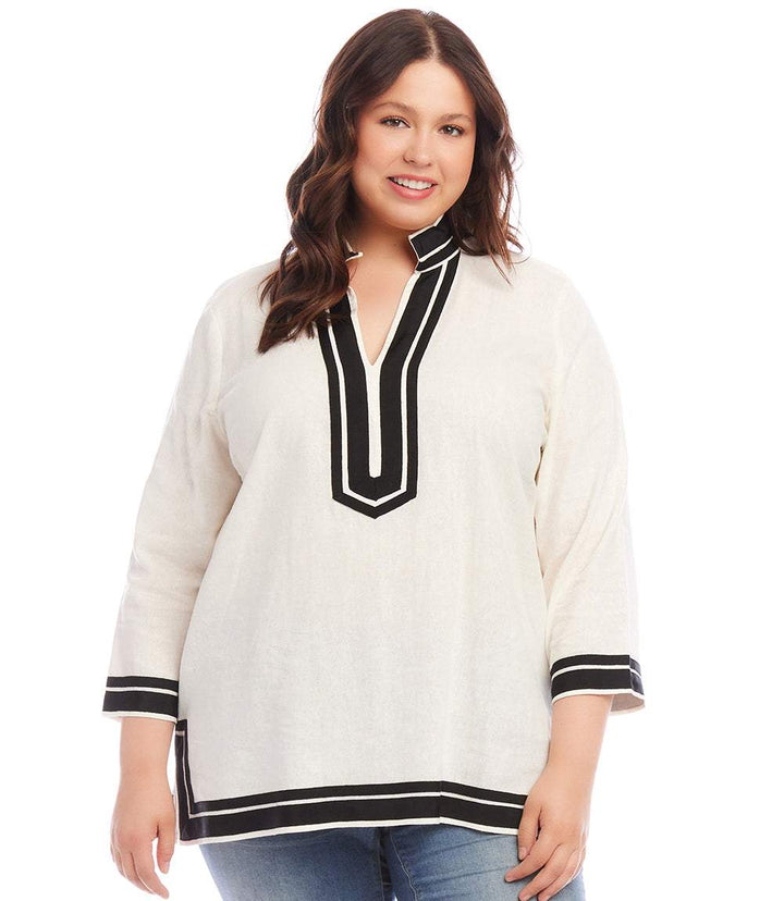 Plus Size The St. Tropez Tunic in white with black grosgrain ribbon trim, relaxed fit linen blend tunic with mandarin collar and split neck.