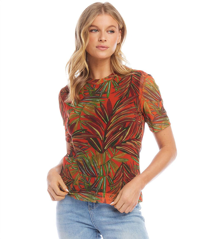 Petite size short sleeve sheer palm print mesh top with crew neck and figure-hugging fit
