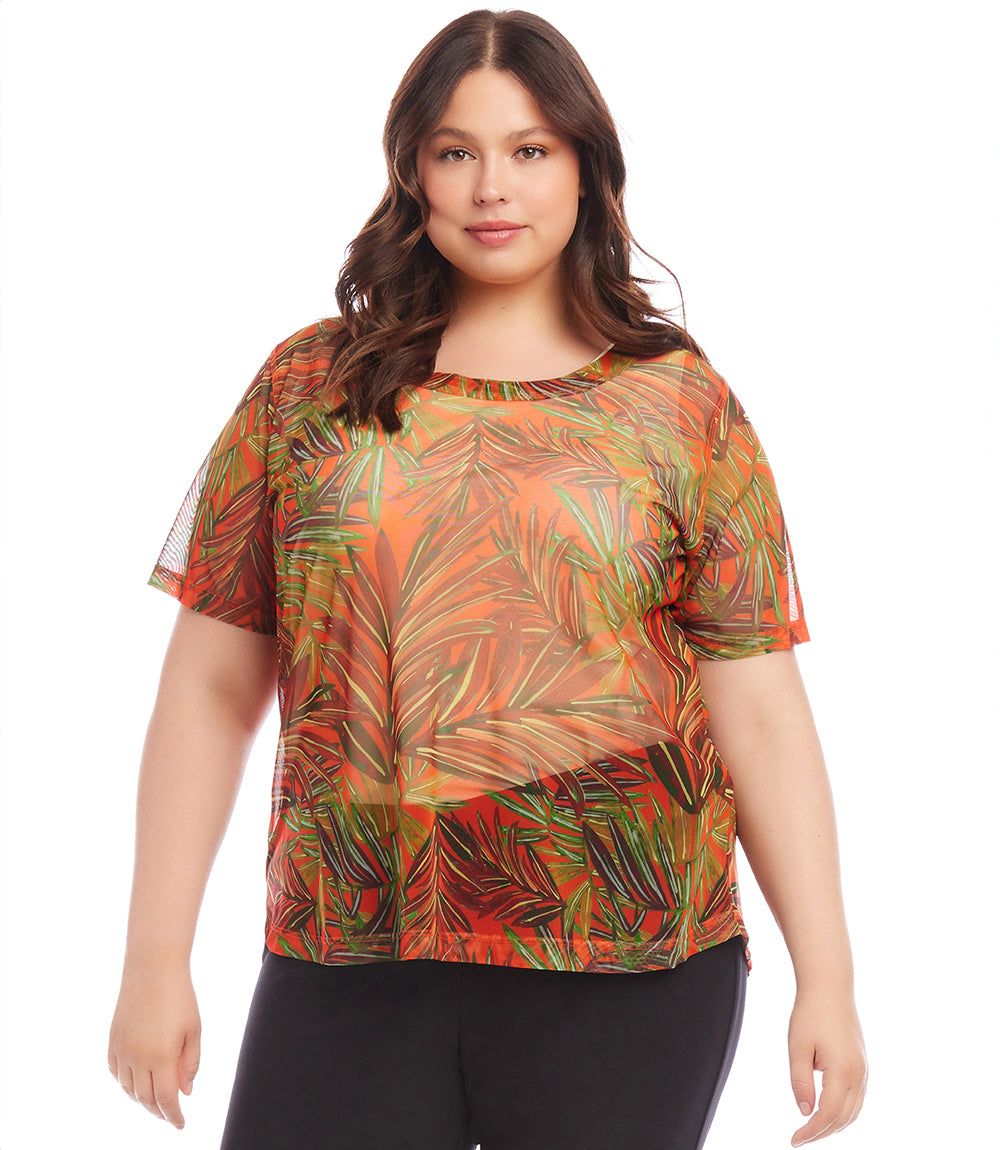 Plus size short sleeve sheer mesh top with tropical palm print and crewneck design