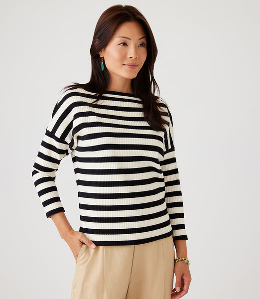 新品　BRIEFING WS PANEL STRIPE HIGHNECK RF Petite Size Stripe Three Quarter Sleeve Boatneck Top – Karen Kane