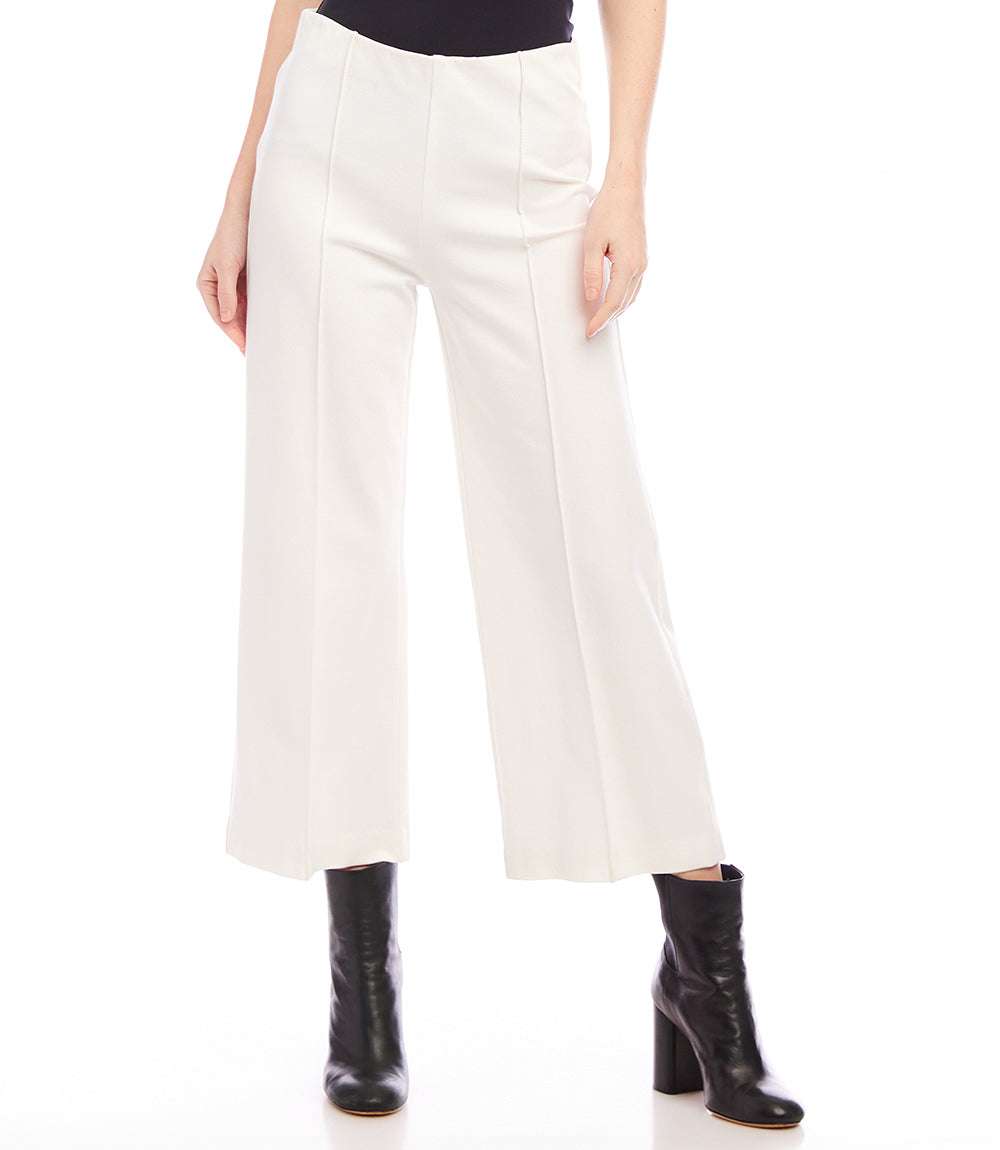 White pintuck wide leg ankle-length pants with elastic waist and cropped hem styling