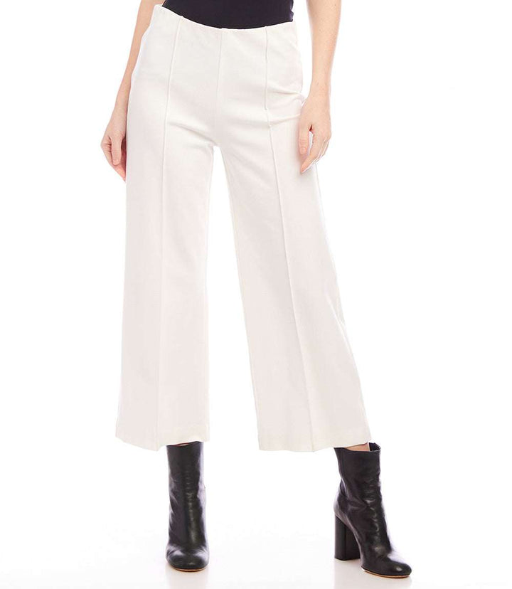 White pintuck wide leg ankle-length pants with elastic waist and cropped hem styling