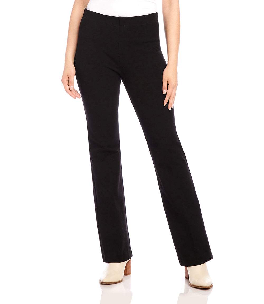 Black bootcut pants with high rise and elasticized waistband made from double stretch twill fabric
