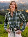 woman wearing plaid tie front top