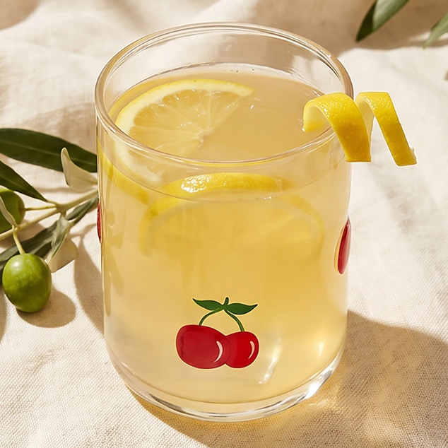 A clear glass tumbler with a red cherry graphic on the front, filled with a pale yellow drink and garnished with lemon slices and a curled lemon peel, set on a beige fabric surface with olive branches nearby.