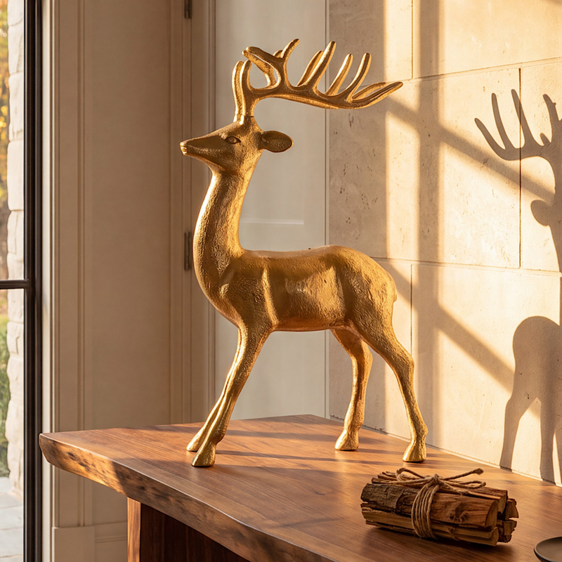 A metallic gold deer figurine with antlers stands on a wooden table in a warm, sunlit room. The deer sculpture is the main product, with a small bundle of twigs beside it.