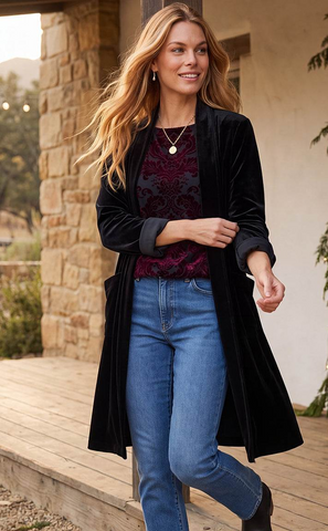 A woman wearing a long black velvet open-front coat over a burgundy patterned top and blue jeans, standing on a wooden porch in front of a stone wall.
