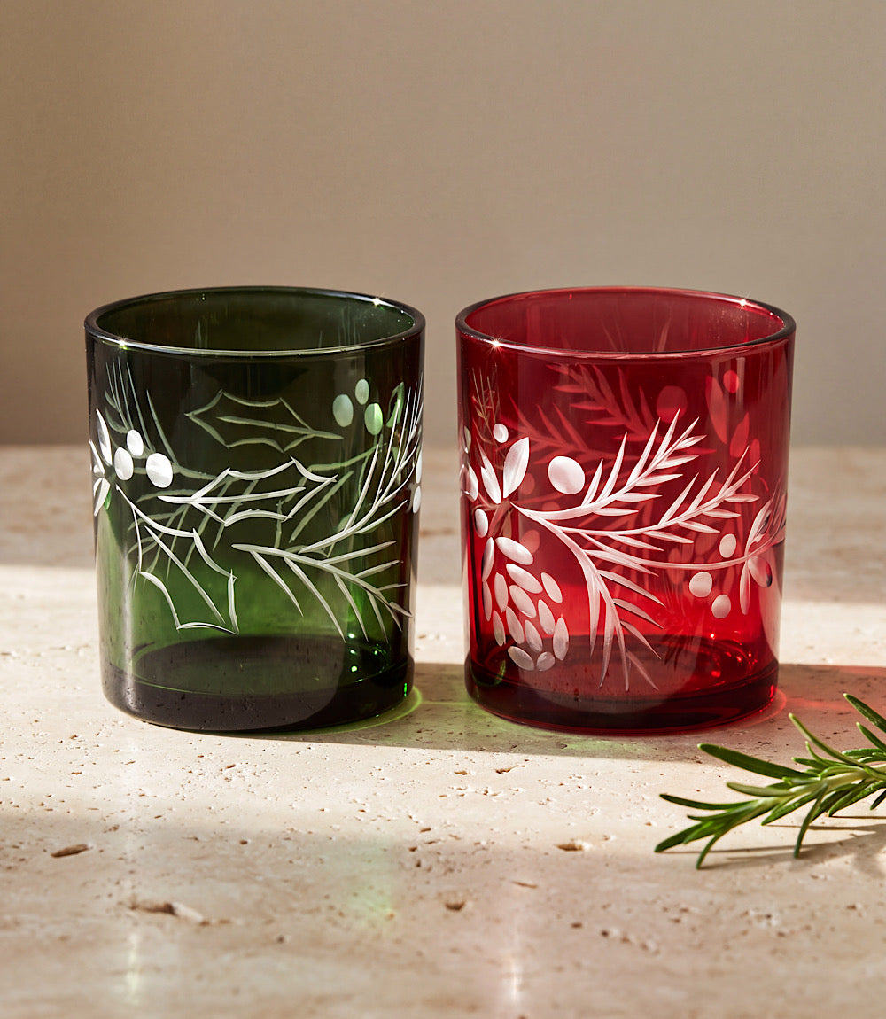 Etched Holly Tumbler Glasses, Set Of 2
