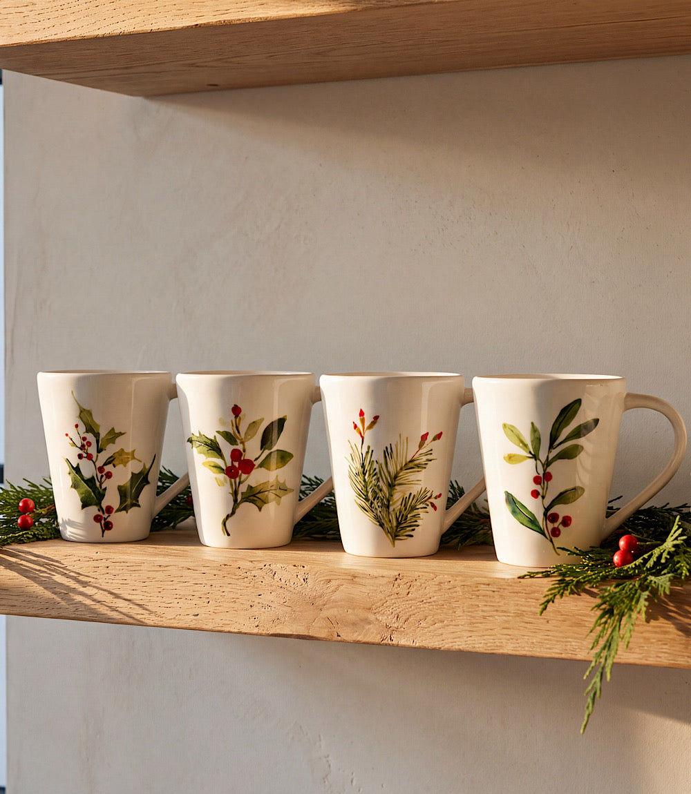 Holly Berry Ceramic Mugs, Set Of 4