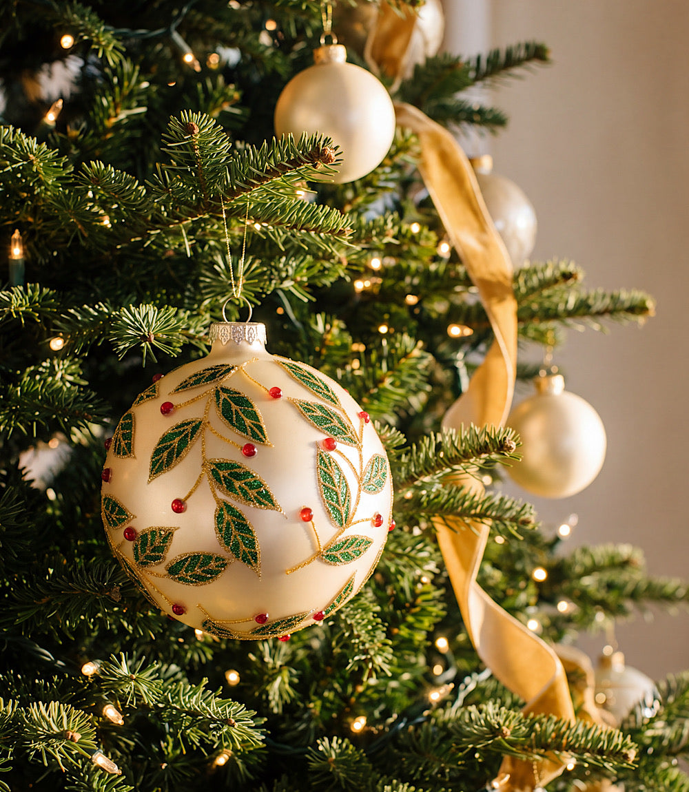 Metallic Berry Leaf Glass Ball Ornament