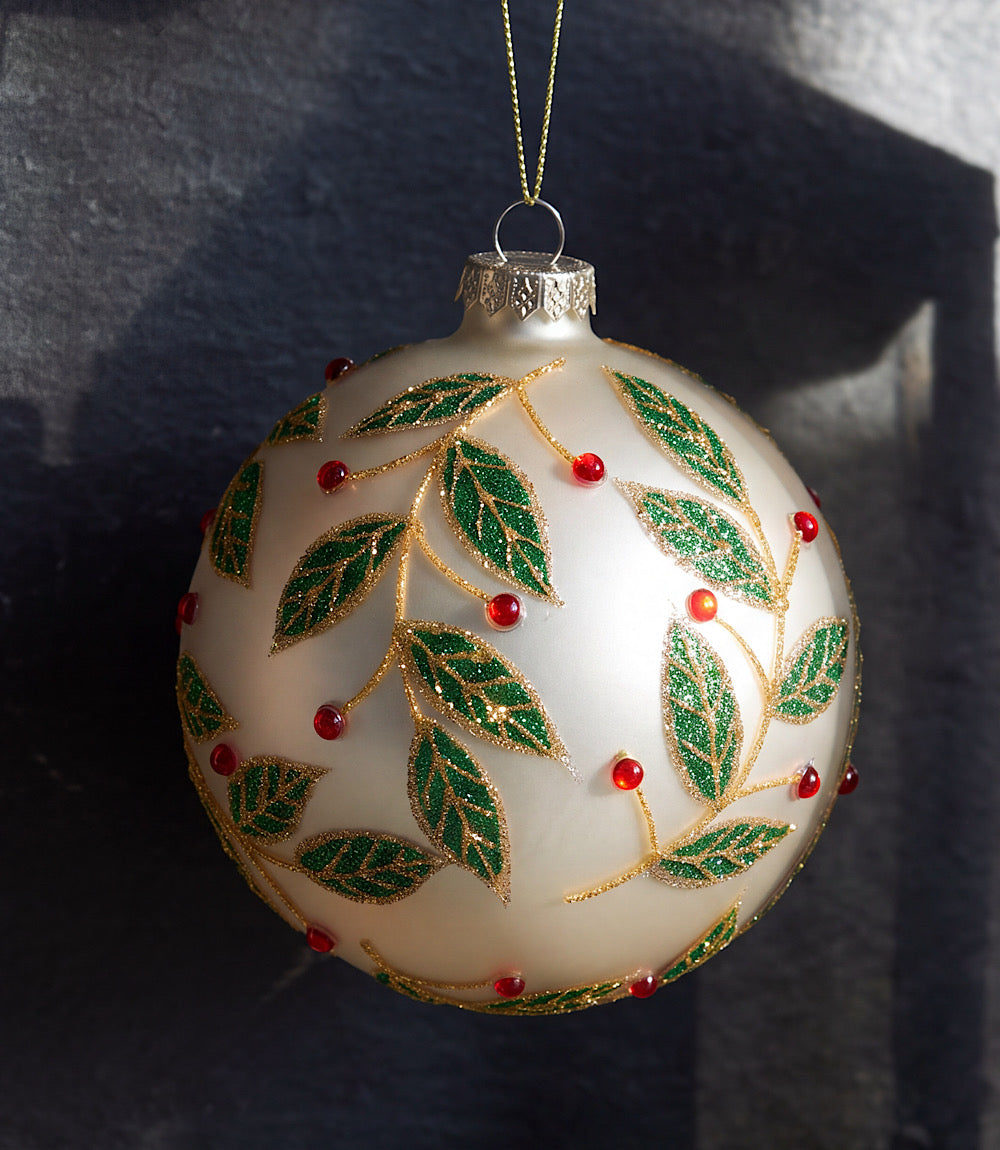 Metallic Berry Leaf Glass Ball Ornament