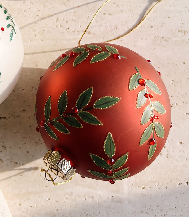 Metallic Festive Leaf Glass Ball Ornament