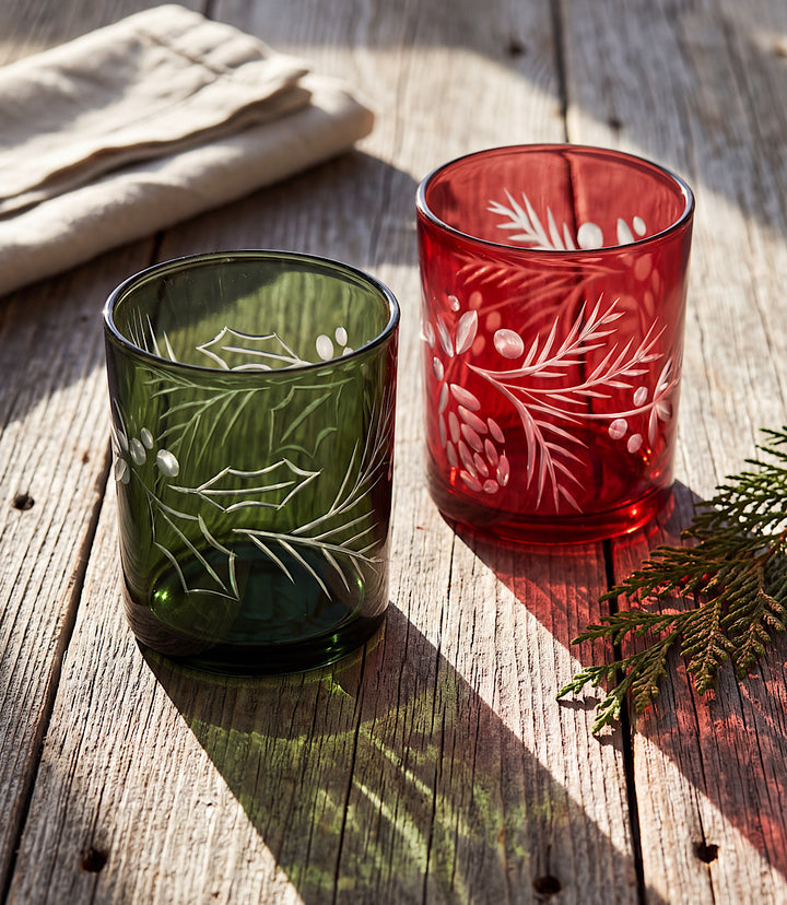 Etched Holly Tumbler Glasses, Set Of 2