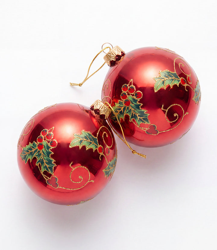Holly Berry Glass Ornaments, Set Of 2