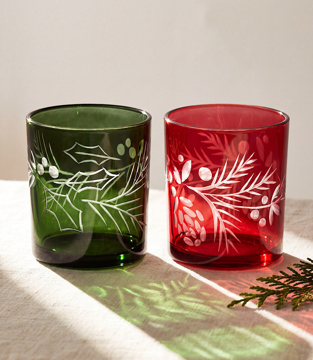 Etched Holly Tumbler Glasses, Set Of 2